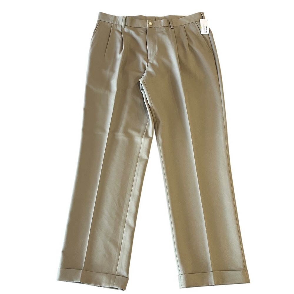 NWT Van Heusen Premium No‎ Iron Classic Fit Pleat Pants Mens 36x32 Khaki Cuffed